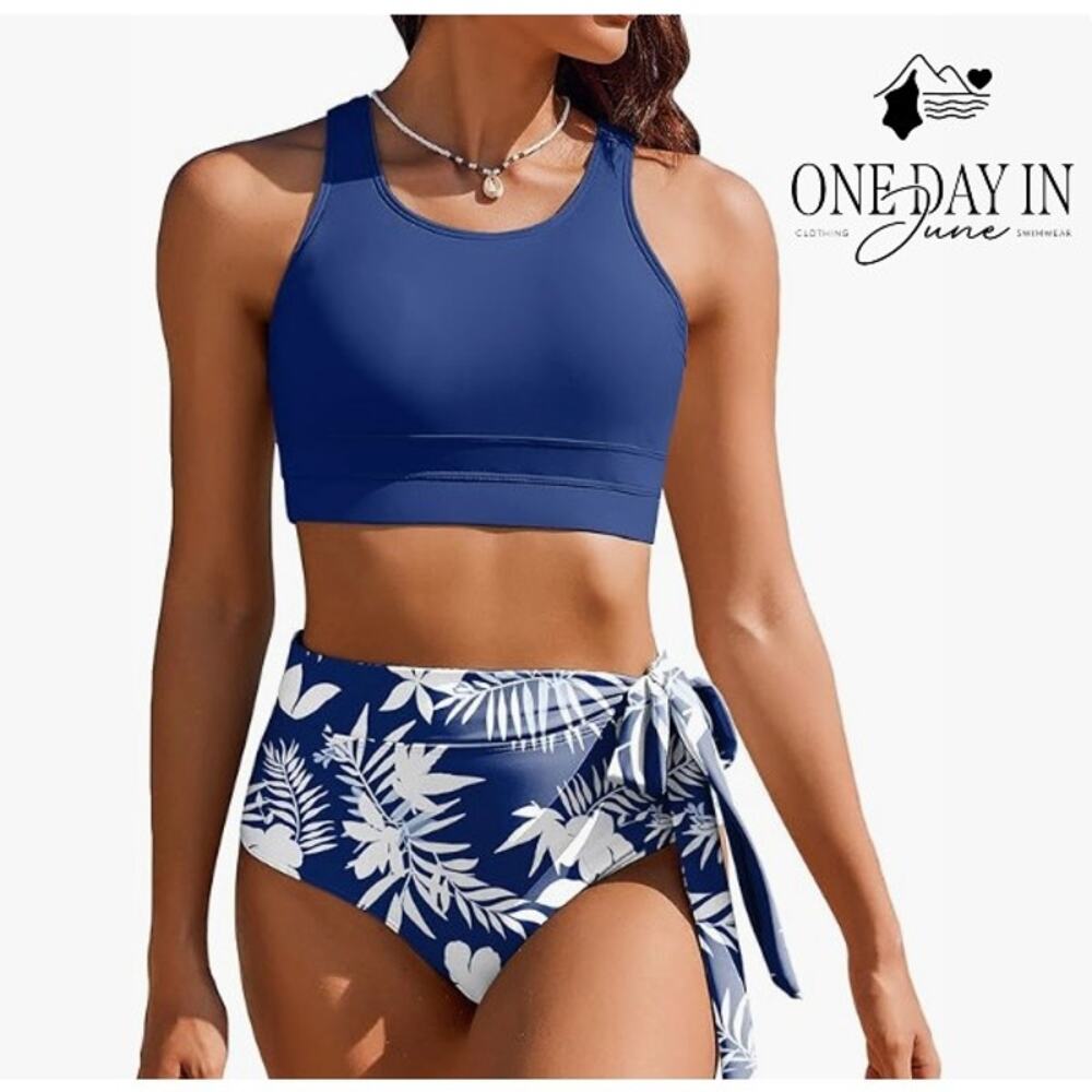 Blue Floral High-Waist Bikini Set